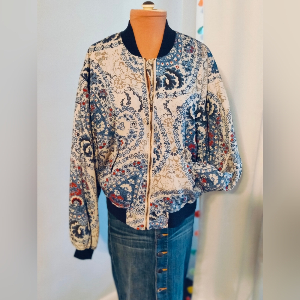 Free People cotton bomber jacket red white blue satin lining banded bottom cuffs